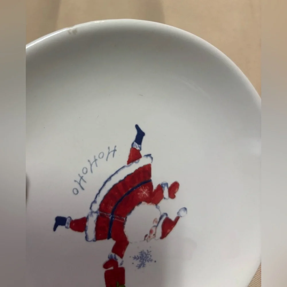 Pier 1 Imports Christmas Appetizer 4 Plates Holiday Theme 6” Santa, Snowman Flaw